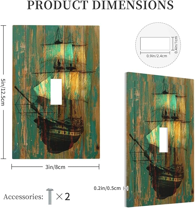 Decorative Light Switch Cover Rustic Green Wood Grain Sailboat 1 Gang Single Toggle Decorator Outlet Wall Plate Device Electrical Faceplate Switchplates for Farmhouse Bedroom Decor