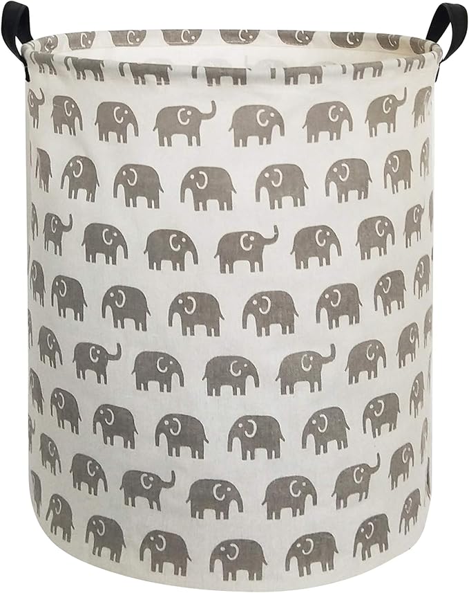 HIYAGON Canvas Storage Basket,Large Laundry Basket with Handles-Collapsible Storage Bin for Kids Room,Nersury Hamper,Toy Storage 19.7×15.7 (Grey Elephant)