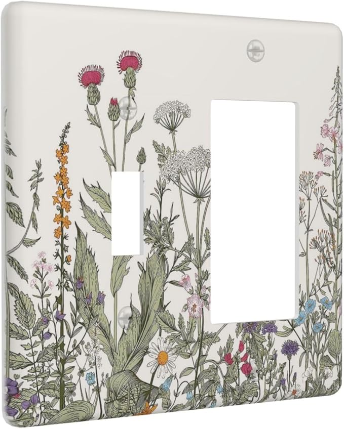 Vintage Colorful Wild Flower Floral 2 Gang Single Toggle/Rocker Combination Light Switch Cover Decorative Wall Plate Cover Electrical Faceplate Art Decor