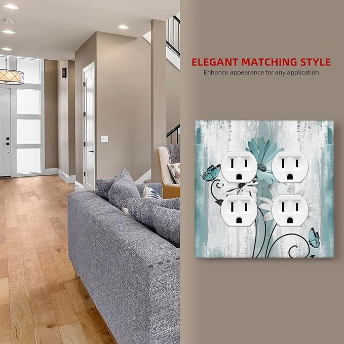Decorative Light Switch Cover Plate Teal Daisy Floral Butterfly Vintage Wood 2 Gang Decorative Switch Plates 1 Toggle Duplex Combo Outlet Covers GFCI Plug Covers Wallplates for Bathroom Bedroom Decor