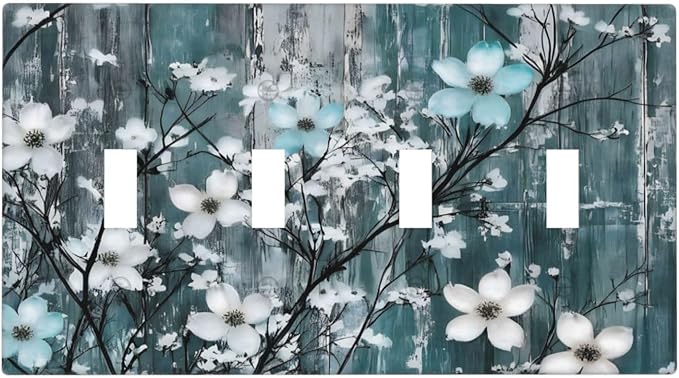Rustic Blue Watercolor Flower Wooden Background Light Switch Covers Quad Toggle Electrical Faceplate 4 Gang Wall Plate Decorative Switch Plates for Bedroom Living Room Decor