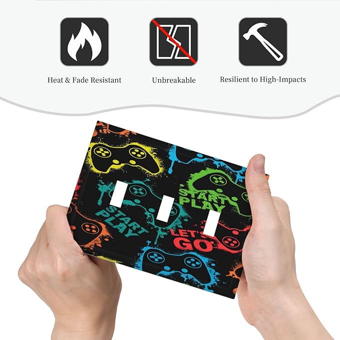 Gaming Hippie Gamer Modern Gamepad Colorful Graffiti Decorative Switch Plates 3 Gang Wall Plate Triple Toggle Light Switch Cover Faceplate Electrical Wall Panels for Kids Room Nursery Decor