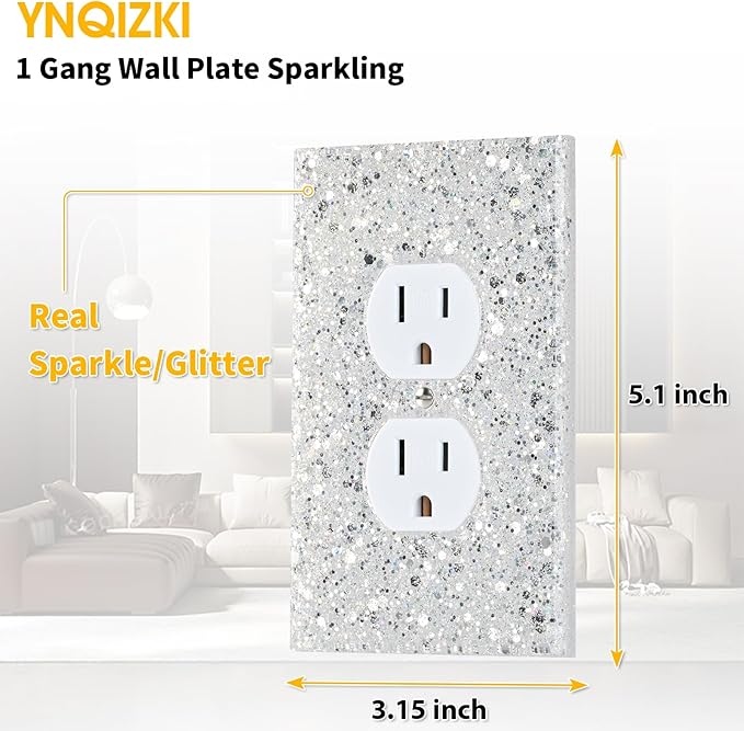 Silver Glitter Outlet Covers - Sparkling Wall Plate 5.1"x3.15", Unique Gift for Home Decor,Single Duplex