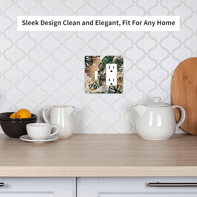 Green Tropical Leaves Gold Palm Leaf Botanical 2 Gang Single Toggle Rocker Combination Light Switch Cover Unique Decorative Wall Plate Cover Electrical Faceplate Switchplate for Bedroom Decor