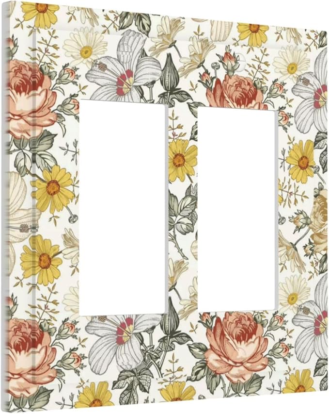 Multicolor Peony Daisy Vintage Floral Flower Decorative Outlet Covers 2 Gang Double GFCI Rocker Electrical Wall Panels Light Switch Cover Plate for Bedroom Living Room Decor