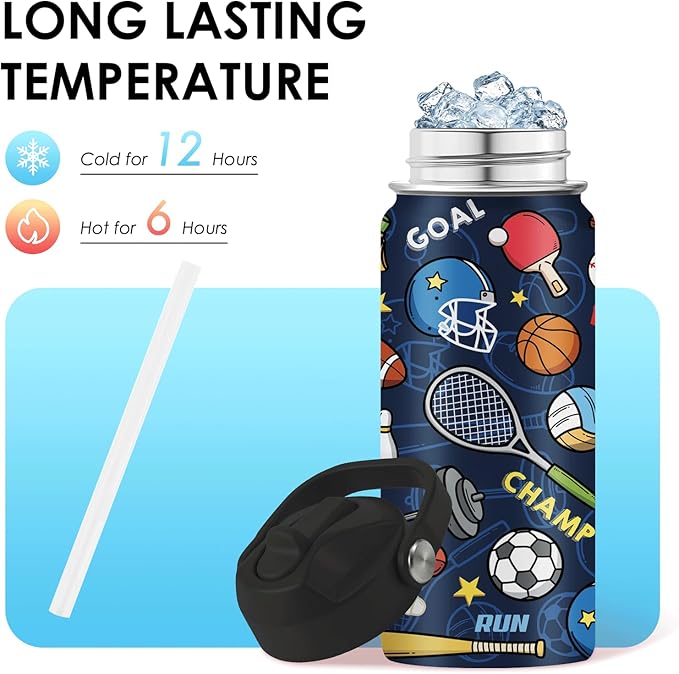 Sports Gifts for Men & Women - 16oz Water Bottle with Straw Lid, Stainless Steel Insulated Bottle, Leakproof, BPA-Free, for Boys Girls, School, Travel - Sport Balls Lovers Kids Birthday Gift Cup (1pc)