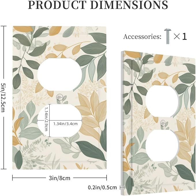 Boho Watercolor Leaves 1 Gang Electrical Duplex Outlet Covers Green Botanical Light Switch Cover Receptacle Wall Plate Decorative Faceplate for Country Bedroom Kitchen Home Living Room Decor