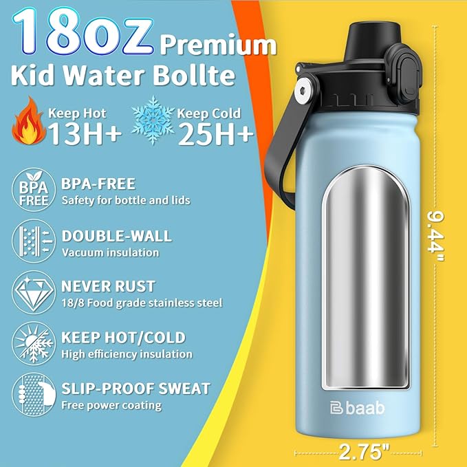 baab 18oz Kids Water Bottle, Insulated Kids Water Bottle with Lockable Spout Lid & Stickers, 18/8 Stainless Steel Vacuum Leakproof Kid Water Cup for Boy Girl School (Navy Blue+Light Blue, 2 Pack)