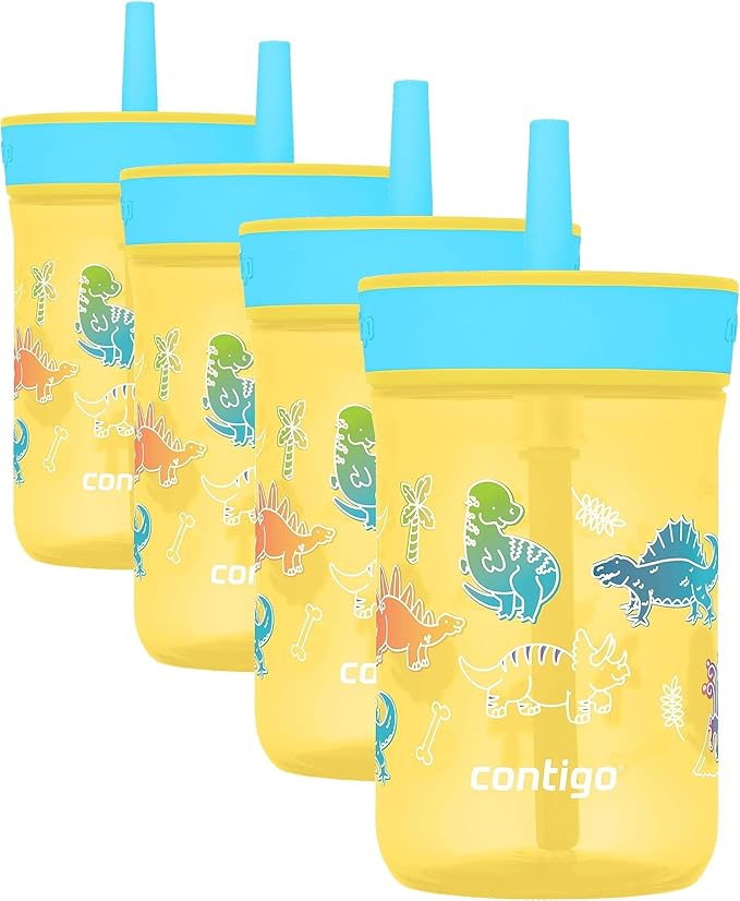 Contigo Kids’ Leighton Straw Tumbler with Spill-Proof Leak-Proof Lid 14oz Pineapple/Dinos (Pack of 4)