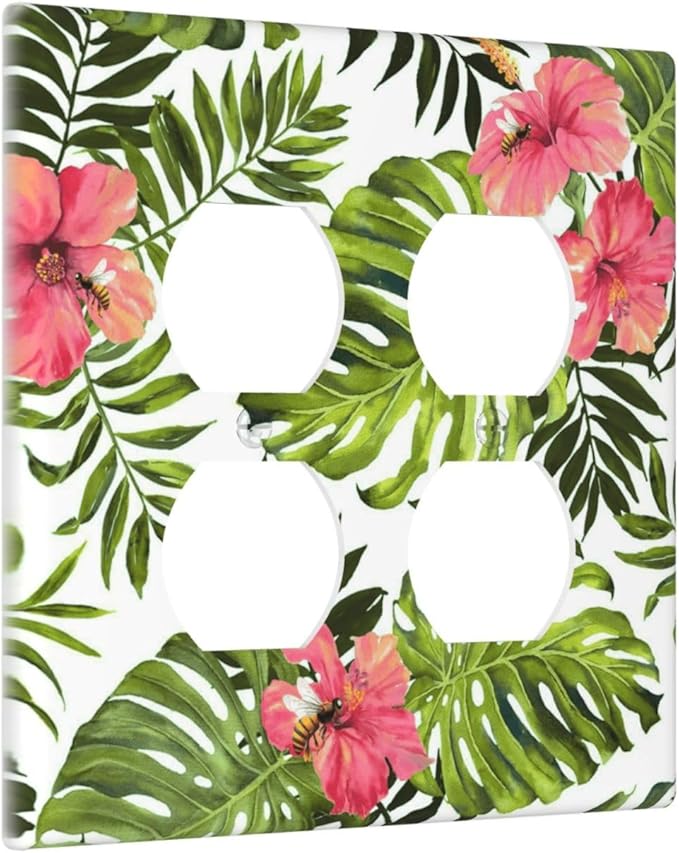 Tropical Plant Green Palm Outlet Covers 2-Gang Duplex Light Switch Cover Decorative Gfci Wall Plate Covers Electrical Receptacle Switch Plate Cover Plug Faceplate for Bathroom Decor