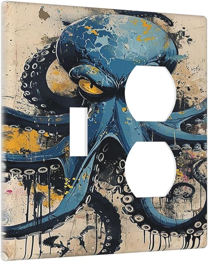Wallplates Nautical Vintage Blue Octopus Yellow Eyes Oil Watercolor 1 Toggle 1 Duplex Switch Plate Electrical GFCI Faceplate Decorative Light Switch Covers for Kids room Nursery Decor