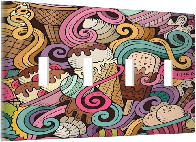 Cartoon Hand Drawn Ice Cream Doodles Colorful Print Light Switch Covers Quad Toggle Electrical Faceplate 4 Gang Wall Plate Decorative Switch Plates Cover for Kids Room Nursery Decor