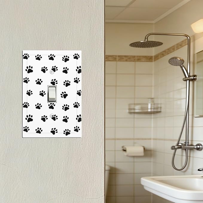Black and White Dog Paw Print 1-Gang Toggle Light Switch Plate, Puppy Paws Decorative Wall Plate for Pet Lover's Home Decor