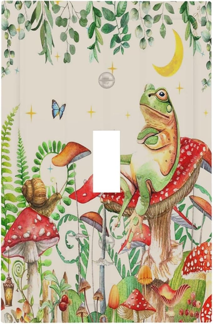 Decorative Light Switch Cover Boho Mushrooms Frogs Butterflies Flowers Moon Stars 1 Gang Single Toggle Decorator Outlet Wall Plate Device Electrical Faceplate Switchplates for Kids room