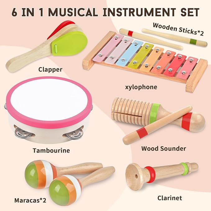 Baby Musical Instruments for Girls-Montessori Wooden Toys for Toddlers 1-3,Percussion Instruments Set with Xylophone Preschool Educational 3+ Christmas Birthday Gift for 1 2 3 Year Girl (Pink)