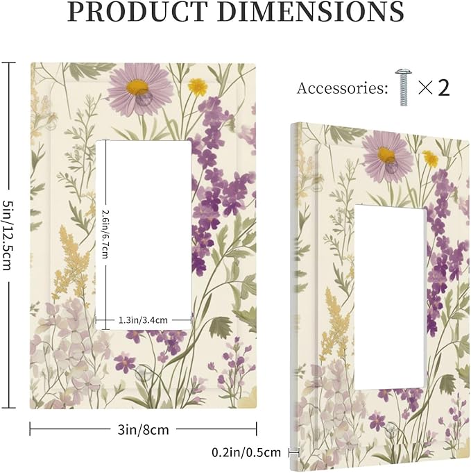 Watercolor Floral Leaves Single Light Switch Cover Plate Small Purple Flowers Daisies 1 Gang Rocker Outlet Covers Switchplate Decorative Electrical GFCI Faceplates for Bedroom Kitchen Decor