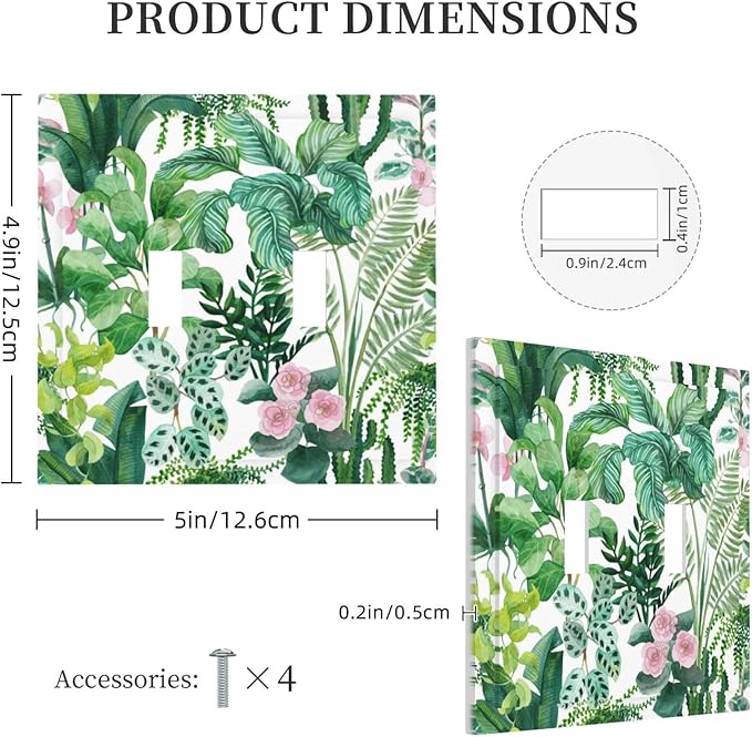 Tropical Palm Leaves Green Jungle Botanical Floral Flowers Decorative Switch Plates 2 Gang Double Toggle Outlet Light Switch Cover Wall Plate Electrical Faceplate for Bedroom Living Room Decor