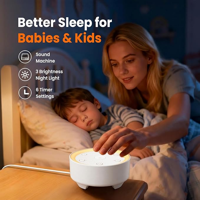 Kipcush White Noise Machine - 21 Soothing Non-Looping Sounds, Dimmable Night Light, & Blind-Touch Buttons | USB-Powered Portable Sleep Therapy for Babies, Adults, Office & Travel - White