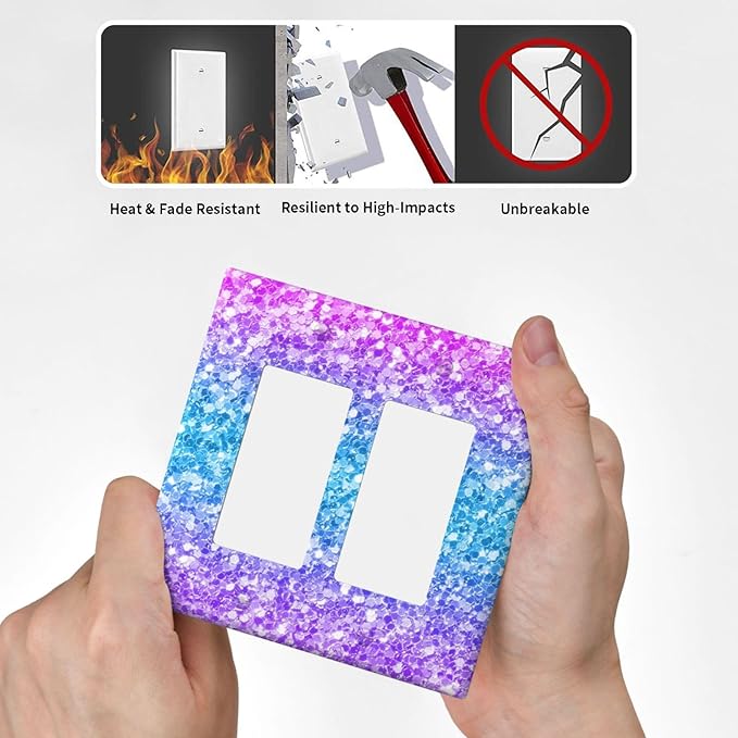 Outlet Covers Fantasy Colorful Glitter Blue Purple Gradient 2 Gang Double Rocker Light Switch Cover Plate Decorative Wall Plate GFCI Socket Cover Electrical Switch Plate Covers for Kids Room Home