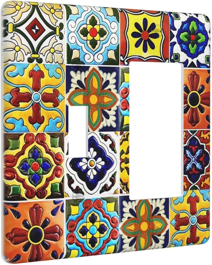 2-Gang 1-Toggle 1-Decorator/GFCI Device Combination Wallplate Colorful Mosaic Moroccan Mexican Boho Talavera Floral Ceramic Tile Combo Rocker/Toggle Receptacle Outlet Light Switch Cover Face Plate