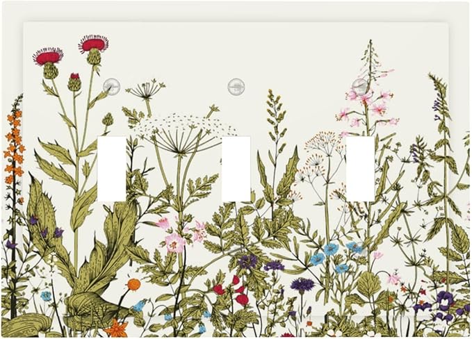 Country Vintage Wild Flowers Floral 3 Gang Light Switch Plate Decorative Triple Toggle Wall Plate Cover Electrical Faceplate Switch Face Plate