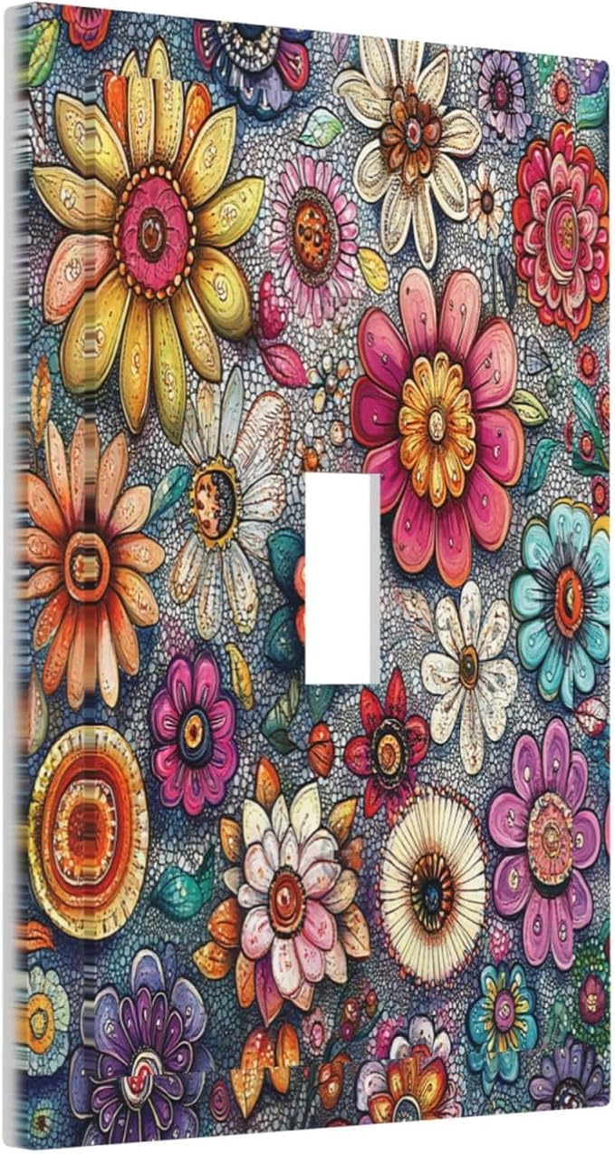 Decorative Light Switch Cover Colorful Rainbow Pointillisme Flower 1 Gang Single Toggle Device Electrical Faceplate Switchplates Decorator Outlet Wall Plate For Bed Room Home Decor