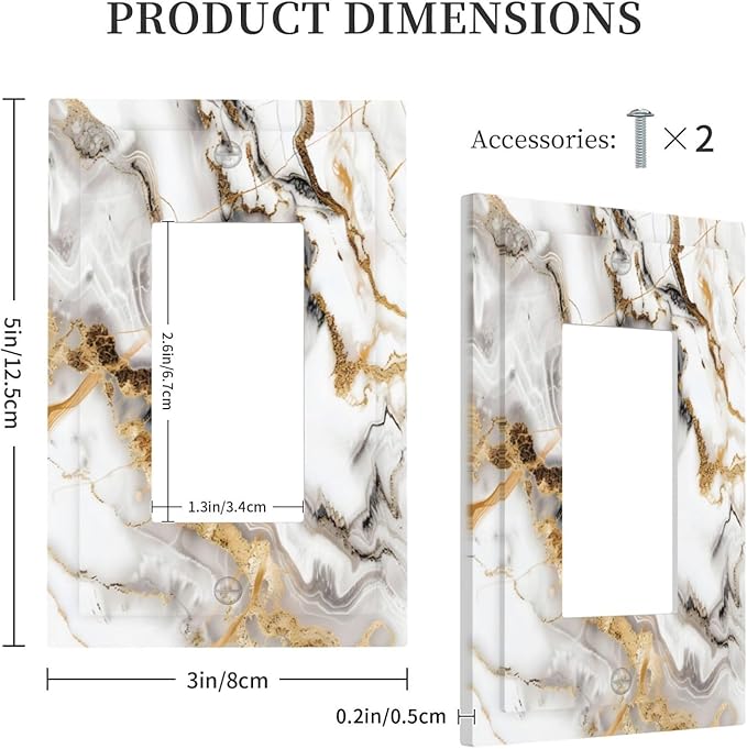 Luxurious Marble Abstract White Gold Tile Modern Simplicity Decorative Outlet Covers 1 Gang Single Rocker Light Switch Cover Plate Wall Plates GFCI Faceplate for Bathroom Kitchen Decor