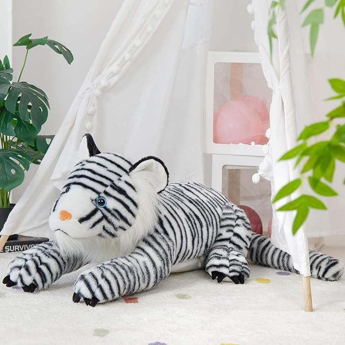 MaoGoLan Giant White Tiger Stuffed Animal - 47” Realistic Tiger Plush Toy for Boy Girl Kid, Soft Fluffy Zoo Animal Toy Pillow for Valentines Birthday Gift, Baby Shower Party Favor Decor
