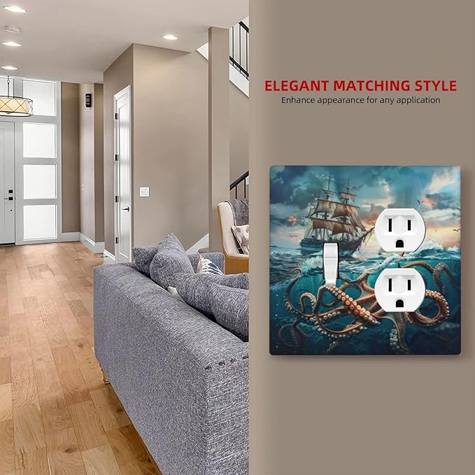 Light Switch Cover Plate Sailboat Ship Octopus Ocean Sea Waves 2 Gang Decorative Switch Plates 1 Toggle Duplex Combo Outlet Covers GFCI Wall Plates for Bathroom Bedroom Decor