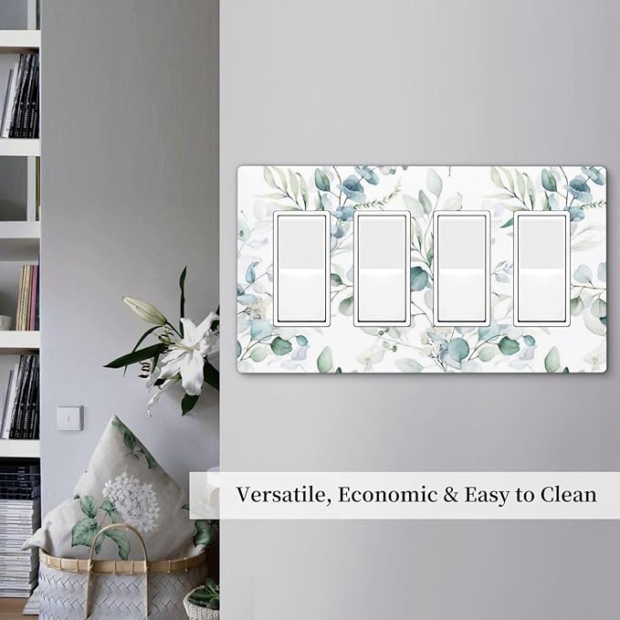 Watercolor Spring Eucalyptus Green Saga Leaves Plant Nature Botanical Floral 4 Gang Quad Device Screwless Decorator GFCI/Rocker Wall Plate Light Switch Dimmer Receptacle Outlet Cover Standard Size