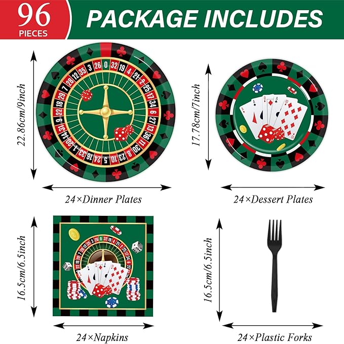 96 Pieces Casino Themed Party Tableware Set for Las Vegas Birthday Party Decorations Casino Poker Card Birthday Party Dessert Paper Plates Napkins Forks for 24 Guests Poker Card Playing Club Supplies