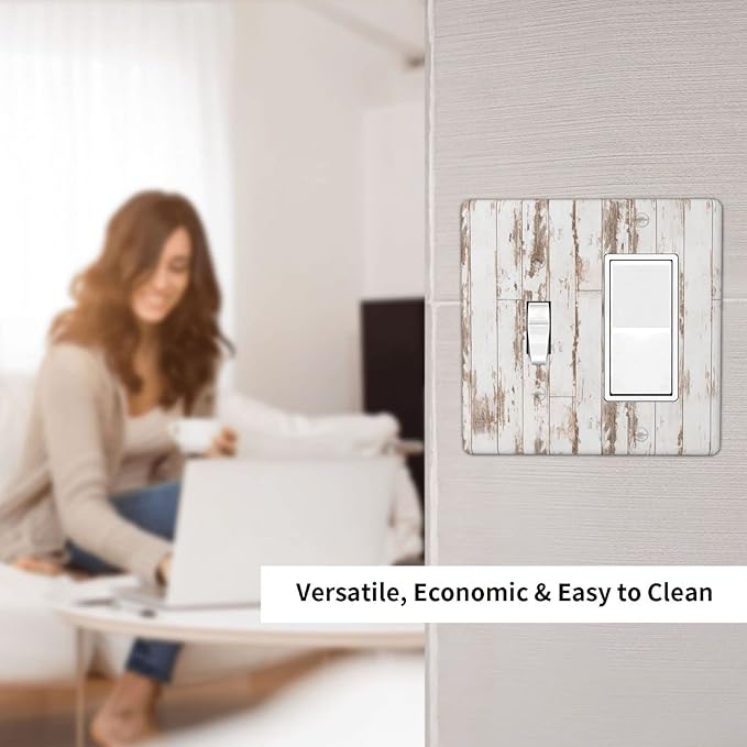 White Grey Wood 2 Gang Single Toggle/Rocker Combination Light Switch Cover Decorative Wall Plate Faceplate Boys Kids Teen Girl Bedroom Room Decorate 4.5" x 4.5