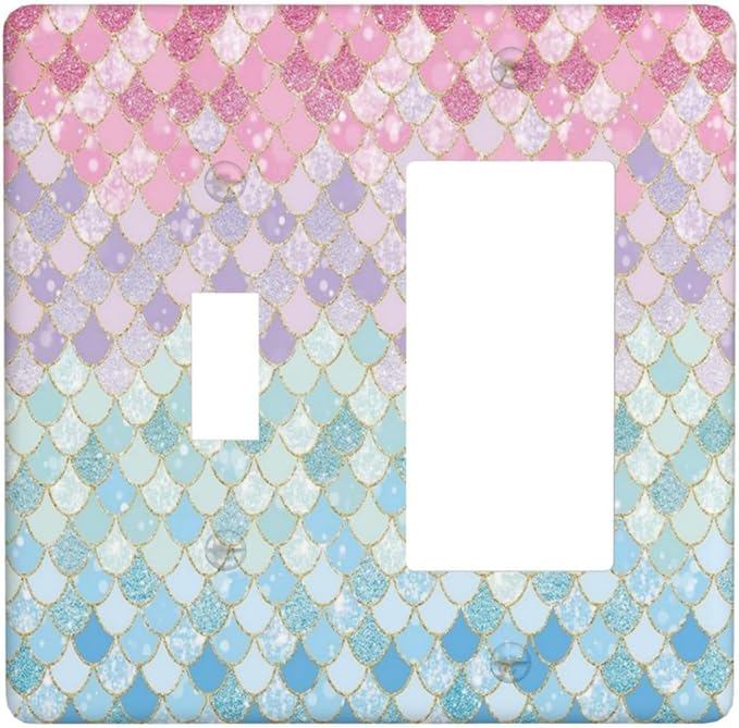 Colorful Mermaid Scales 2 Gang Single Toggle Rocker Combination Light Switch Cover Decorative Wall Plate Cover Electrical Faceplate for Bathroom Girls Bedroom Kids Baby Nursery Living Room Decorate