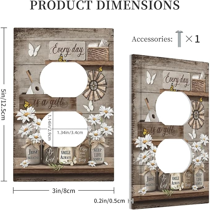 Rustic Daisy Flower Butterfly Inspirational Cottage Outlet Covers 1 Gang Duplex Light Switch Cover Decorative Switch Plates Electrical Receptacle Faceplate Wall Plate for Farmhouse Bedroom Decor