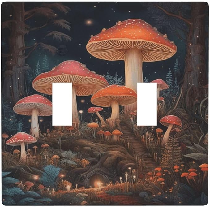 Decorative Art Light Switch Covers Enchanted Mushroom Forest 2 Gang Double Toggle Wall Plate Decorative Switchcover Electrical Switchplate for Home Decor