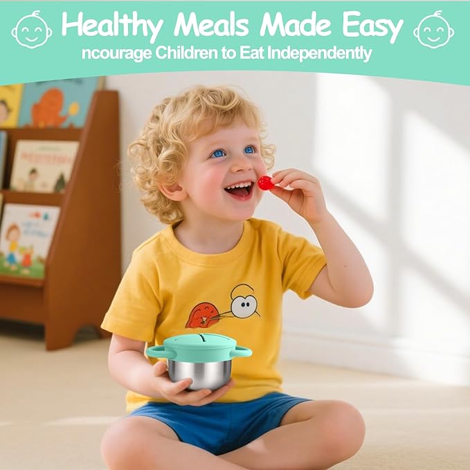 Mity rain Stainless Steel Snack Containers for Toddlers with Spill-Proof Silicone Lids Handles - 3-in-1 Baby Snack Cups, No-Spill Toddler Snack Box (Green, One piece set)