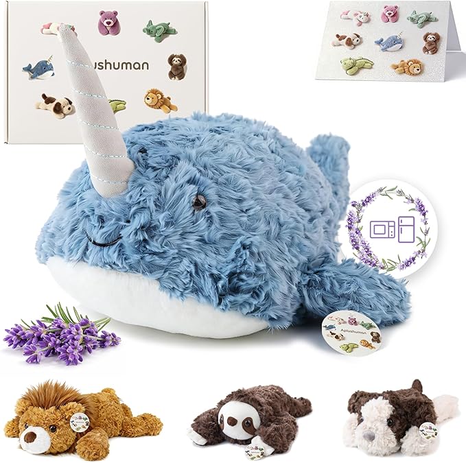 Aplushuman® Microwavable Heating Pad Narwhal Plush - Weighted Stuffed Animal Toy with Tourmaline Beads & Lavender - 1.8 lb for Long Lasting Cozy Warmth - Includes Gift Box & Greeting Card