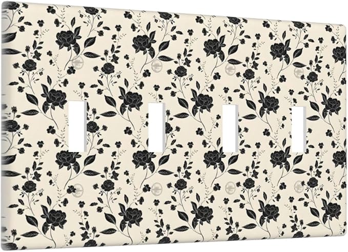 Black Rose Dark Romance Wildflowers Floral Light Switch Covers Quad Toggle Electrical Faceplate 4 Gang Wall Plate Decorative Switch Plates Cover for Bedroom Living Room Decor
