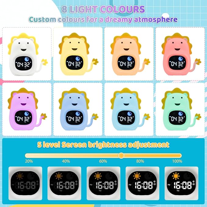 Alarm Clocks for Kids Toddler Alarm Clock Silicone Night Light with 6 White Noise Sound Machine Rechargeable Soft Sleep Training Alarm with 8 Colors Night Light Perfect Clock Gift for Kids Boys Girls