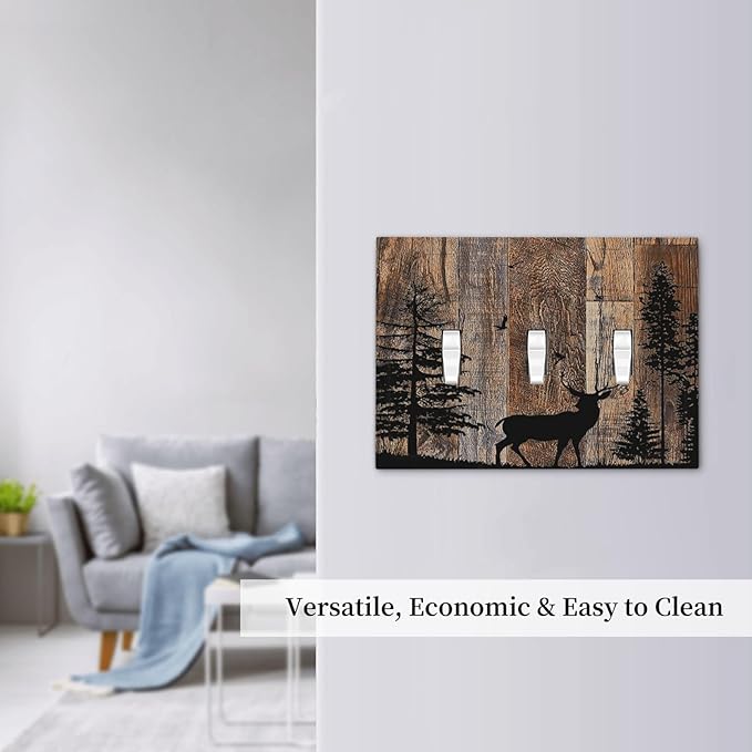 Decorative Switch Plates Rustic Forest Antler Elk Deer Silhouettes Animals Wood Grain 3 Gang Wall Plate Faceplate Triple Toggle Light Switch Cover Electrical Wall Panels for Farmhouse Home