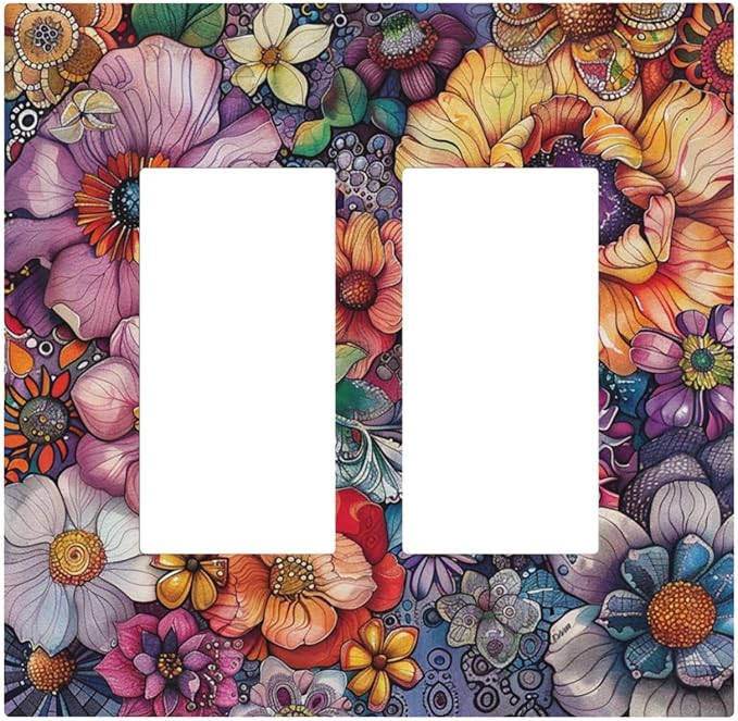 Decorative Outlet Covers Colorful Bohemian Flowers Vintage Boho Floral 2 Gang Double GFCI Rocker Electrical Wall Panels Light Switch Cover Plate for Bed Room living Room Decor