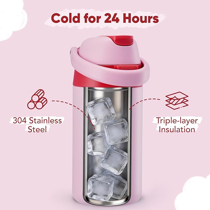 12 oz Water Bottle Insulated, 304 Stainless Steel Insulated Kids Water Bottle with Straw, 2-in-1 Lid Toddler Cups for School Boys Girls, BPA-Free, Leak-Proof, Great for Sport, Travel, Gift,Pink