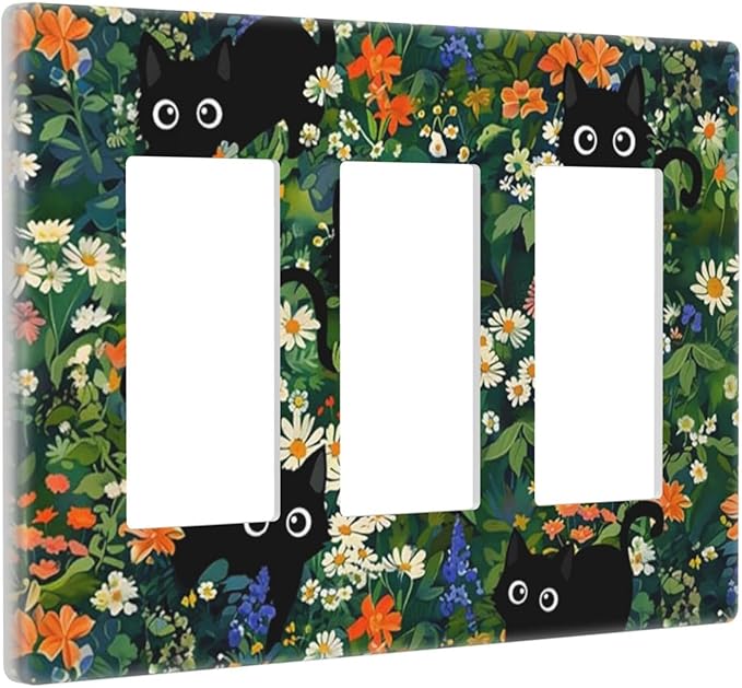 Black Boho Green Leaves Floral Triple Decorator Light Switch Cover 3 Gang GFCI/Rocker Wallplate Decorative Electrical Faceplate Switchplate Dimmer Screwless