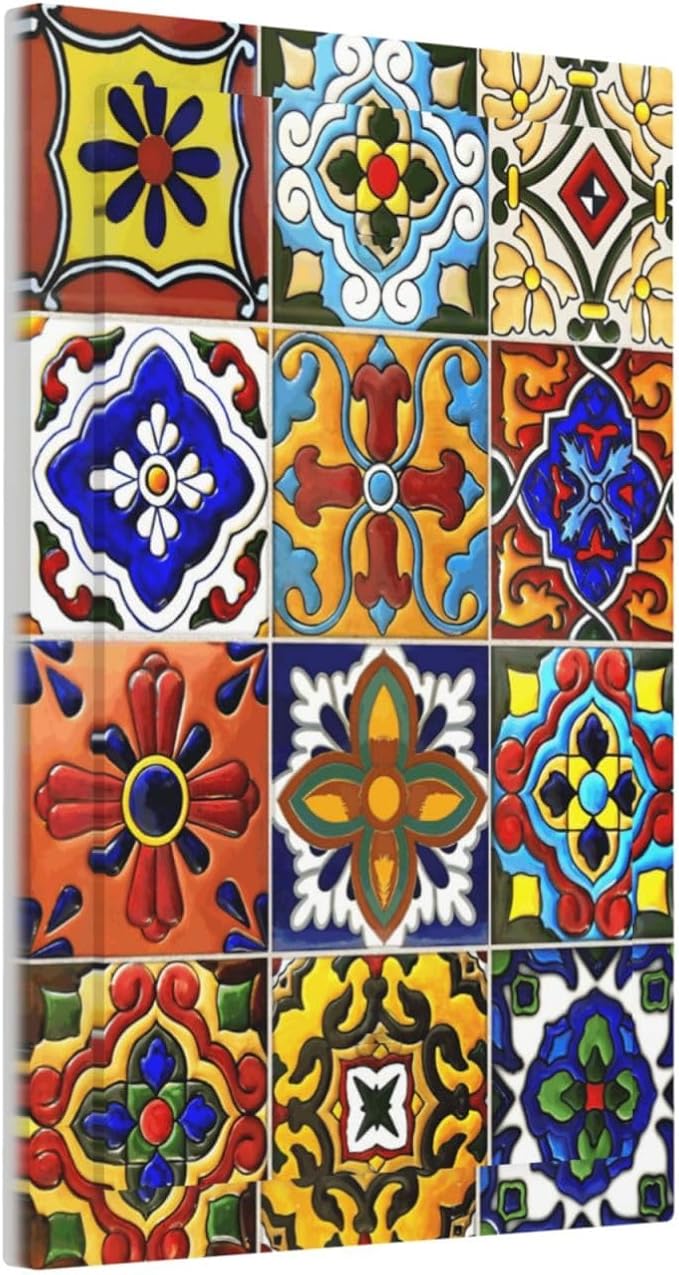 Vintage Colorful Boho Mexican Moroccan Tile Light Switch Cover Plate 1 Gang No Device Blank Electrical Wall Plates Faceplate Decorative Switch Plate for Farmhouse Home Decor