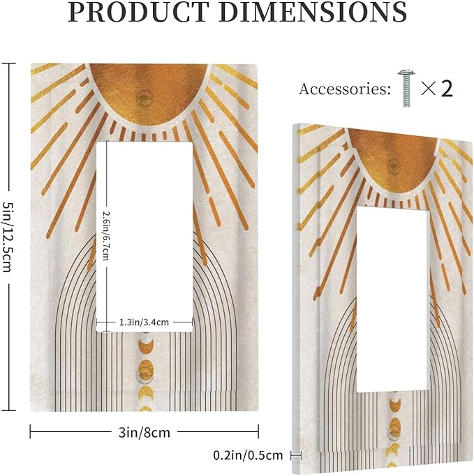 Mid Century Gold Sun Abstract Arch Boho Moon 1 Gang Rocker Light Switch Covers Decorative Unique Single Decora Outlet Wall Plate Faceplate Switchplate GFCI for Kitchen Bedroom Bathroom Decor
