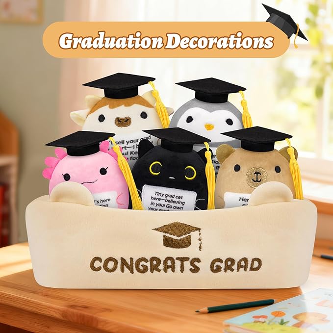 6 Pcs Emotional Support Plush Set,Graduation Stuffed Animal 2026 with Basket & Graduations Words,Cute Graduation Plush for Kids Men Women,Graduation Gifts for Kindergarten,High School College