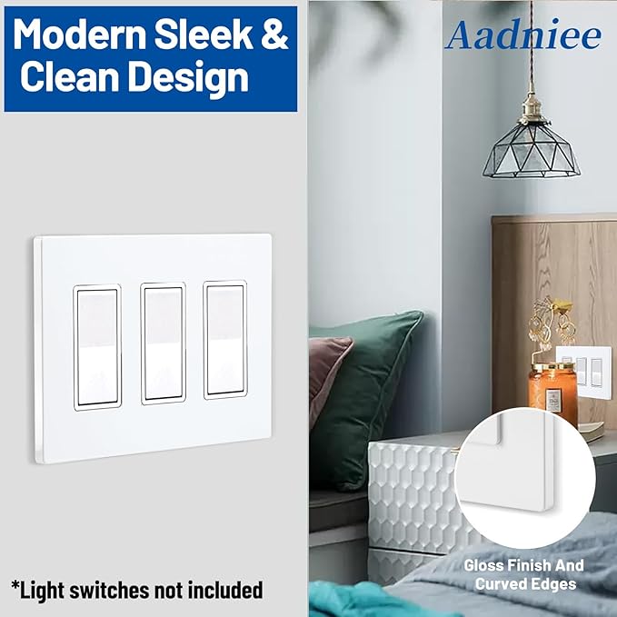 Screwless Decorator Wall Plates, 3-Gang Child Safe Outlet Covers, Standard Size 4.68" x 6.54" Unbreakable Thermoplastic Faceplate for Decor Receptacle Outlet Switch (2 Pack, Gloss White)