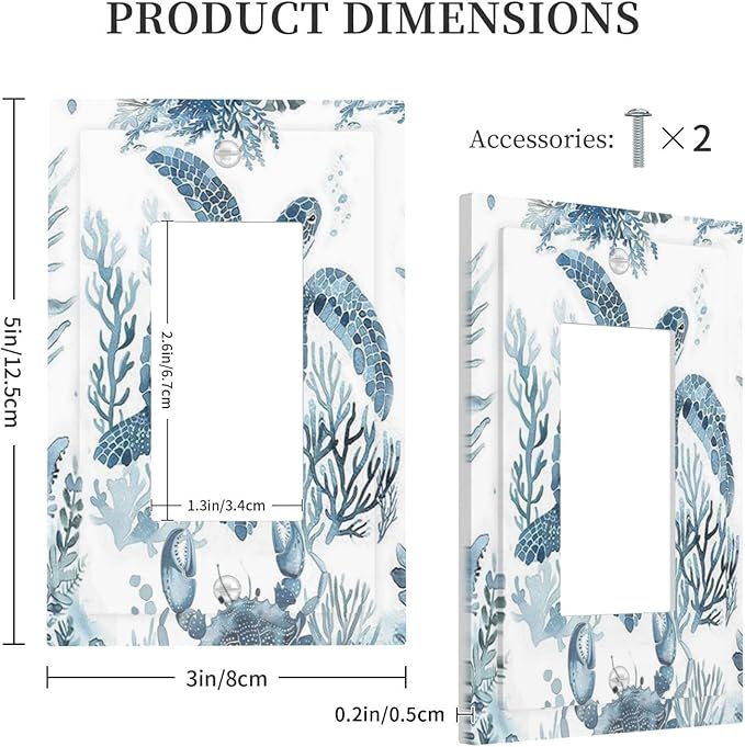 Blue Sea Turtle Coastal Coral Beach Crab Seaweed Decorative Outlet Covers 1 Gang Single Rocker Light Switch Cover Plate Wall Plates GFCI Faceplate for Kids Room Bathroom Decor