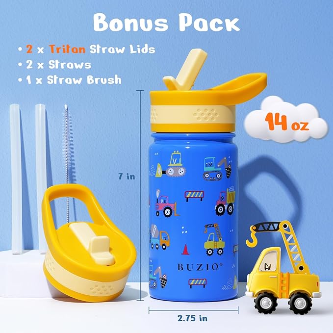 BUZIO 14 oz Kids Water Bottle with Straw Lid, Vacuum Insulated Stainless Steel Metal Thermo Bottles for Toddlers Girls Boys Leak Proof BPA-Free & Lead-Free Flask for School, Blue Construction Car