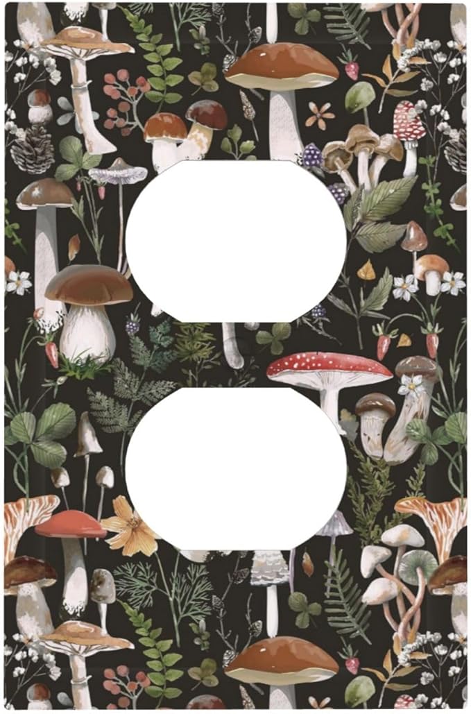 Vintage Gothic 60S Black Boho Mushroom 1 Gang Duplex Wall Plate Receptacle Outlet Covers 70s Plant Fungus Forest Botanical Decorative Electrical Dual Device Light Switch Plug Socket Faceplate Cover